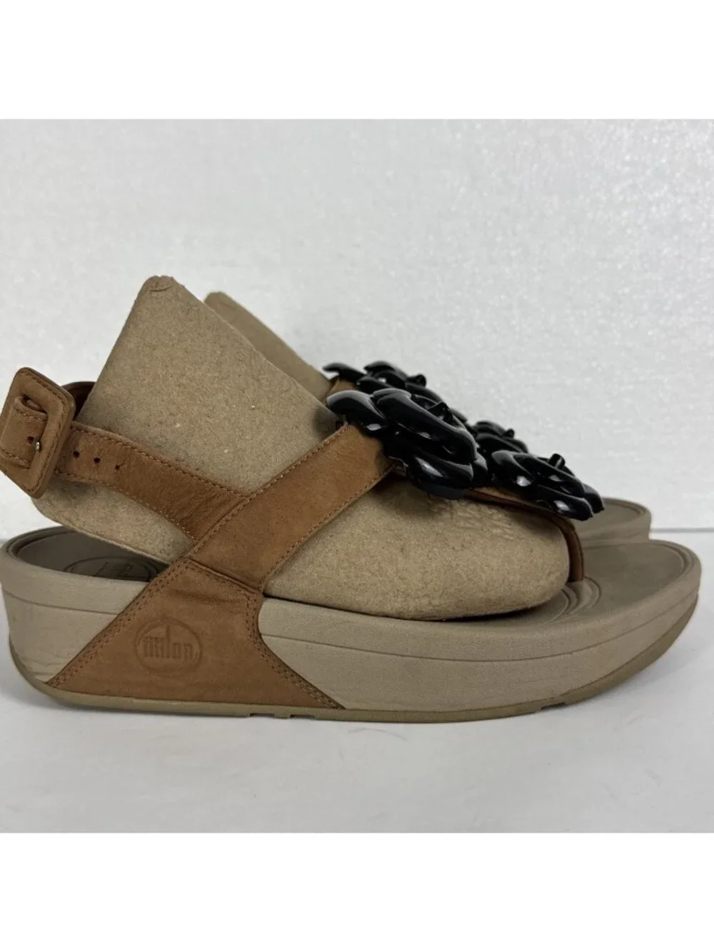 Fit Flop Floretta Tan Suede & Black Floral Wedge Thong Sandals Women's 7